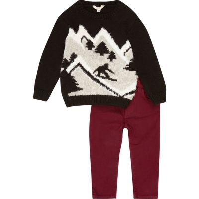 Mini boys black ski knit Christmas jumper set